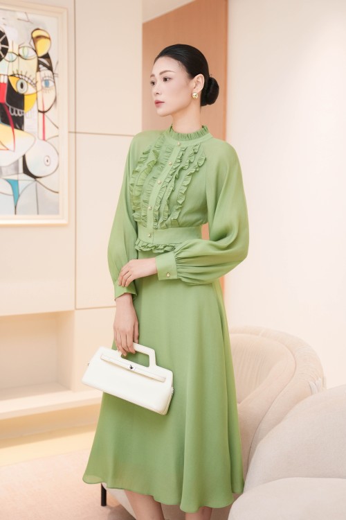 Sixdo Green Organza Flared Dress